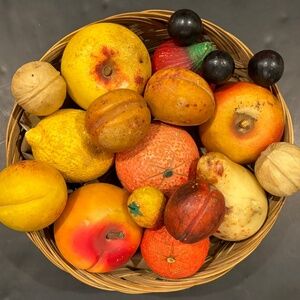 Vtg MCM Italian Hand Carved and Painted Alabaster Stone Fruit w/Basket (UPDATED)